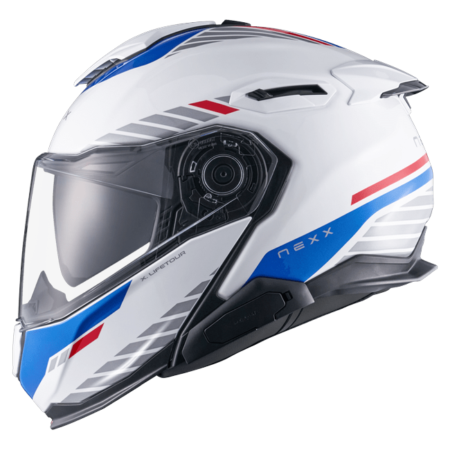 Nexx X.LIFETOUR Globe White Blue Touring Flip-Up Helmet – side view