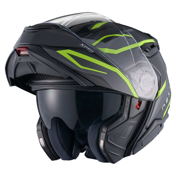 Nexx X.LIFETOUR Pro Mile Neon Grey Touring Flip-Up Helmet – three-quarter view, chin bar open