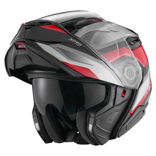 Nexx X.LIFETOUR Pro Mile White Red Touring Flip-Up Helmet – three-quarter view, chin bar open