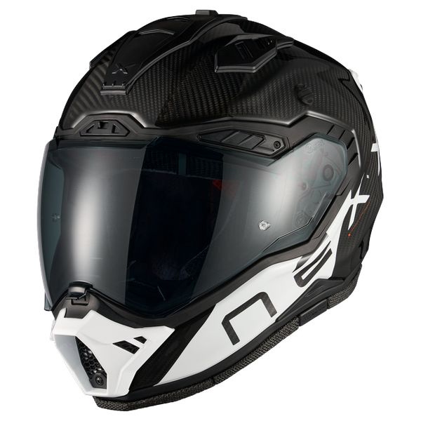 Nexx X.RALLY Gravix Carbon White Adventure Helmet – three-quarter view, peak removed