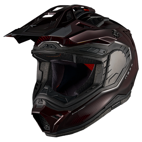 Nexx X.RALLY Namib Carbon Red Adventure Helmet – three-quarter view, visor removed
