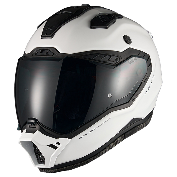 Nexx X.RALLY PRO Carbon White Adventure Helmet – side view, peak removed