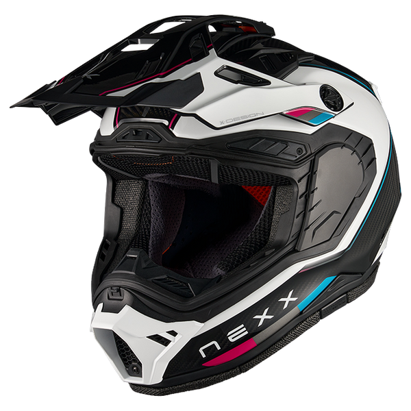 Nexx X.RALLY Raid Blue Pink Adventure Helmet – three-quarter view, visor removed