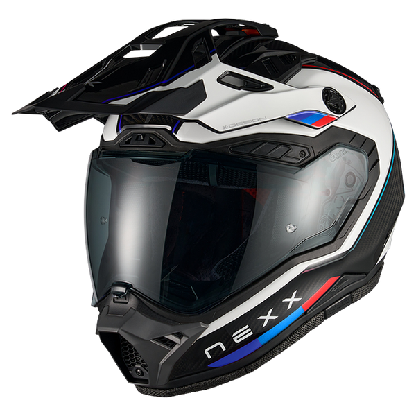 Nexx X.RALLY Raid Blue Red Adventure Helmet – front three-quarter view