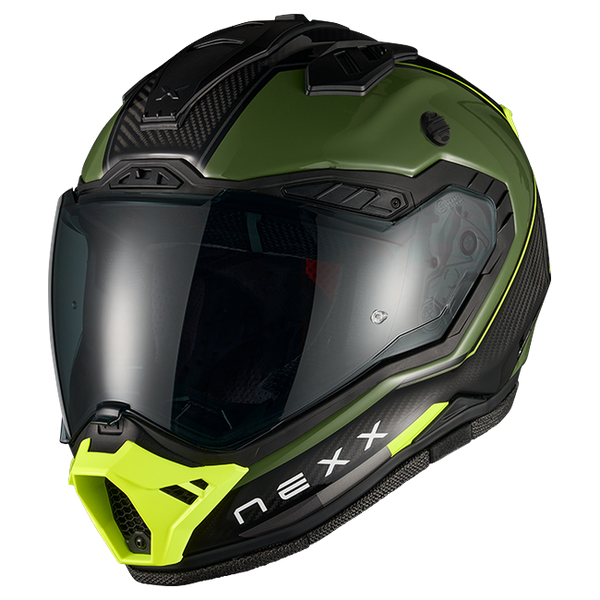 Nexx X.RALLY Raid Green Neon Adventure Helmet – side view, peak removed