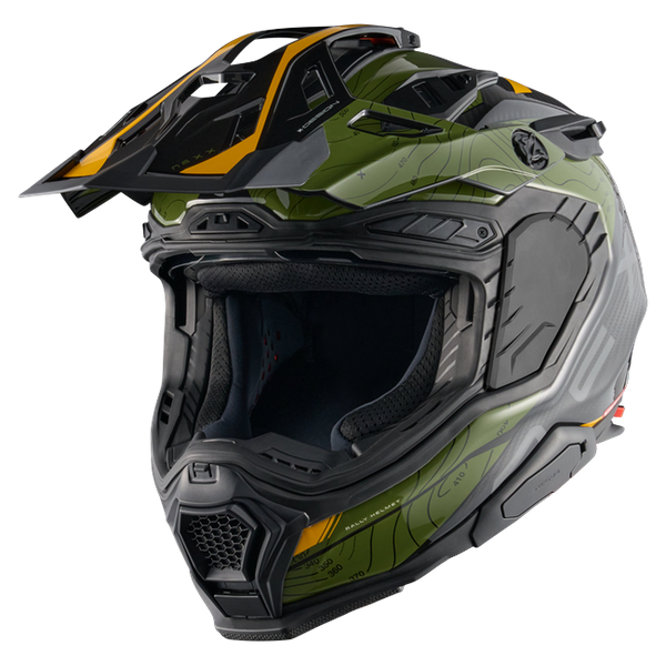 Nexx X.WED3 FURKA Green Yellow Adventure Helmet – three-quarter view, off-road setup