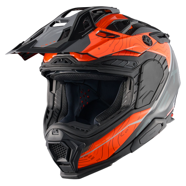 Nexx X.WED3 FURKA Orange Grey Adventure Helmet – three-quarter view, off-road setup