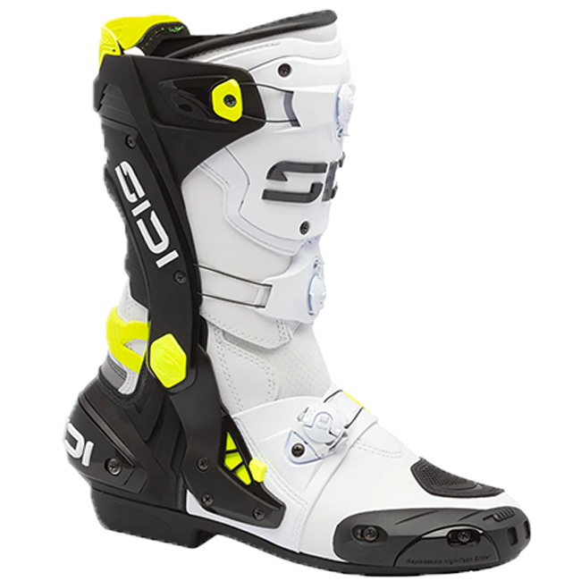 Sidi Rex motorcycle racing boots in white, black and yellow colourway