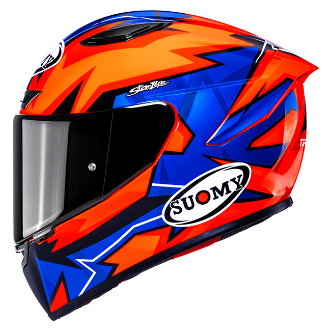 Suomy Track-1 Firestorm full-face motorcycle helmet in red, orange and black