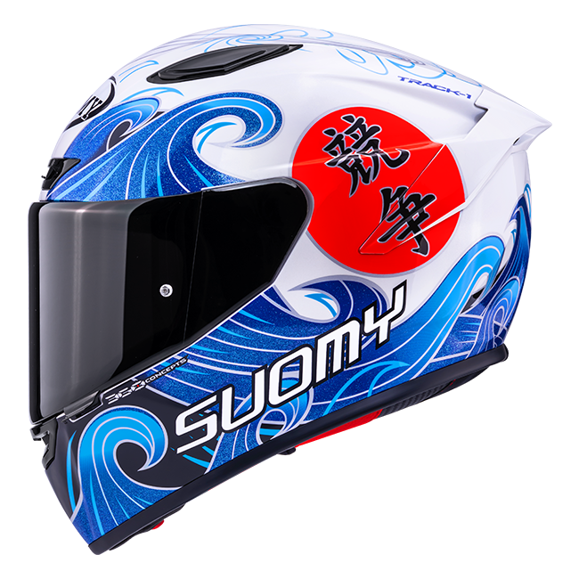 Suomy Track-1 full-face helmet in Waves White graphic, front three-quarter view