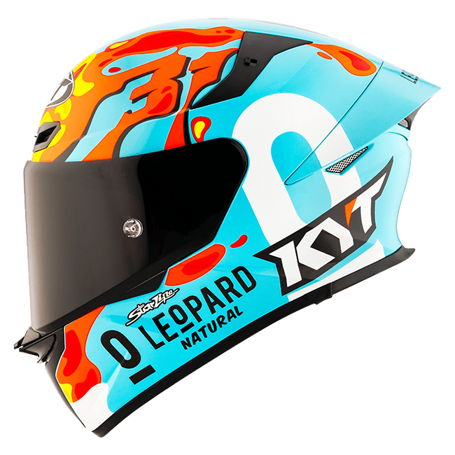 KYT TT-Revo full-face helmet in Leopard Replica Aragon turquoise and black livery