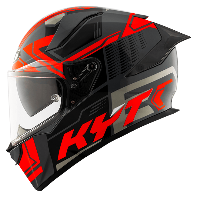 KYT R2R full-face helmet in Octane Red graphic, three-quarter front view