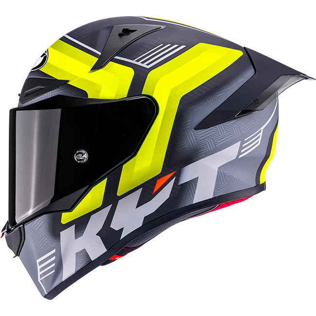 KYT R1R full-face racing helmet in Carbon Accelerator Yellow, tricomposite shell, ECE 22.06