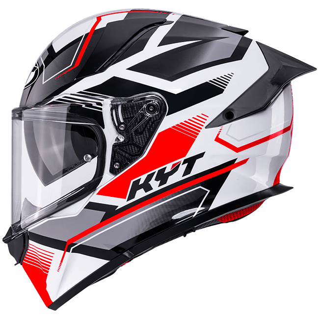 KYT R2R full-face helmet in Parsec White/Red graphic, front three-quarter view