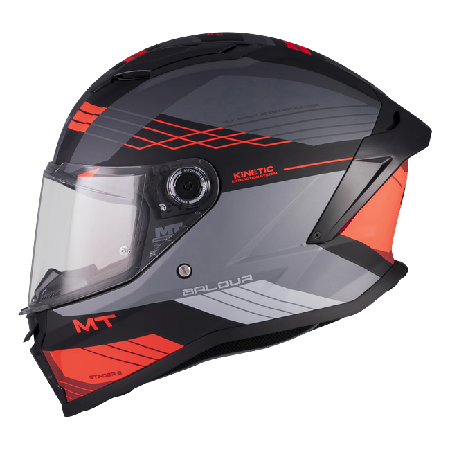 MT-Helmets Stinger 2 Baldur B15 full-face helmet in matt graphite with red flashes — side view