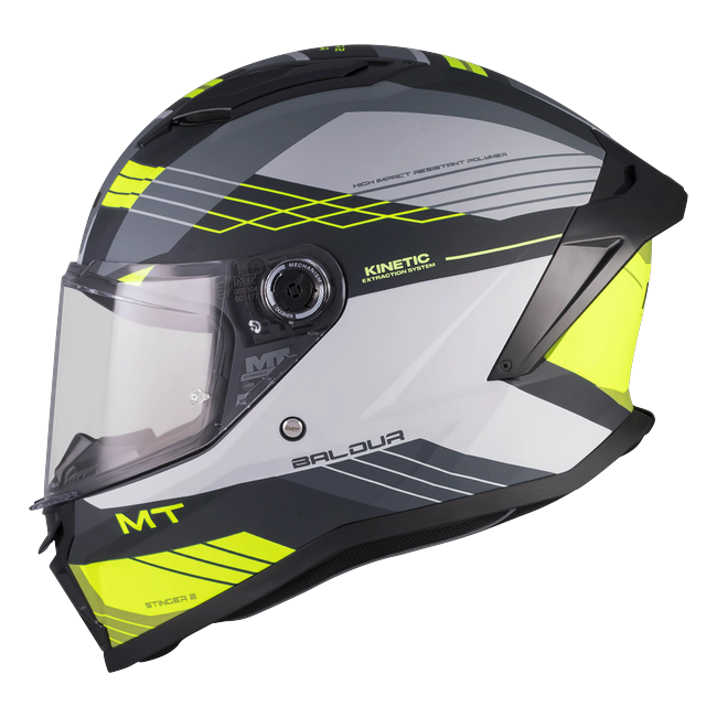 MT-Helmets Stinger 2 Baldur C3 full-face helmet in gloss white with fluorescent yellow — side view
