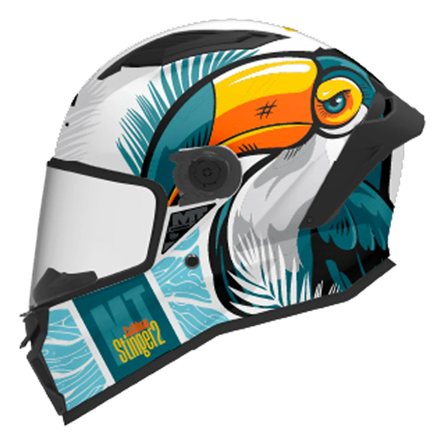 MT-Helmets Stinger 2 Caribbean A6 full-face helmet in gloss white with a toucan illustration — side view