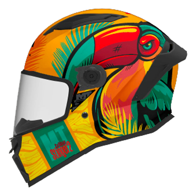 MT-Helmets Stinger 2 Caribbean C3 full-face helmet in gloss yellow and orange with a toucan — side view
