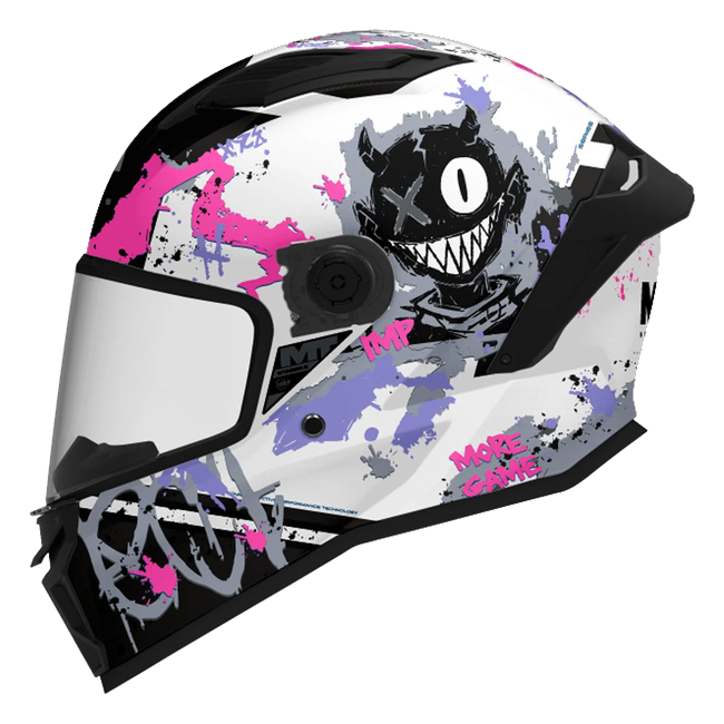 MT-Helmets Stinger 2 Imp A8 full-face helmet in gloss white with a pink character graphic — side view