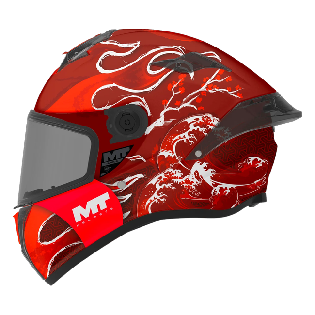 MT-Helmets Targo S Ryusei Yamanaka Replica 2026 full-face helmet in matt red with white wave artwork — side view