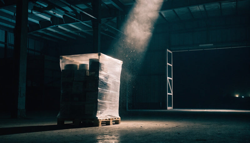 Dimly lit cargo warehouse with a wrapped pallet under a shaft of light