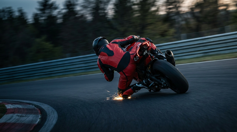 Racer in red-and-black leathers knee-down on track with the knee slider throwing sparks