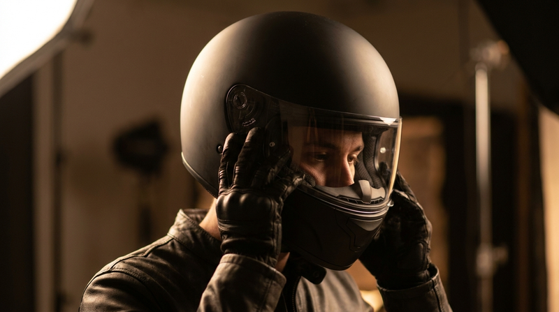 A rider carefully lowering a full-face helmet onto their head