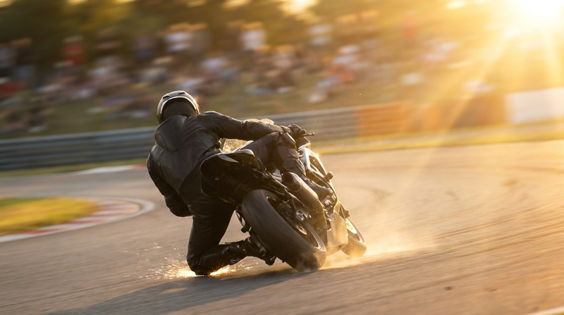 A road racer at full lean in black racing leathers
