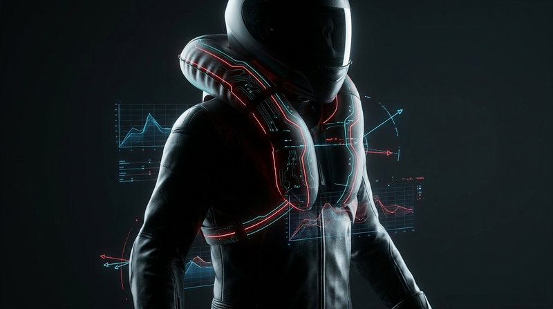 Conceptual visualization of the Dainese D-air airbag inflating around a rider's shoulders