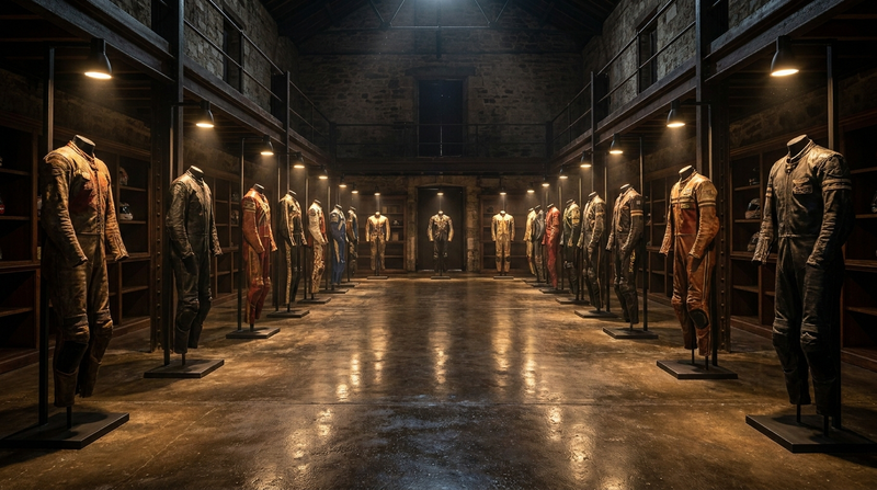 A heritage archive hall of vintage motorcycle racing suits on mannequins