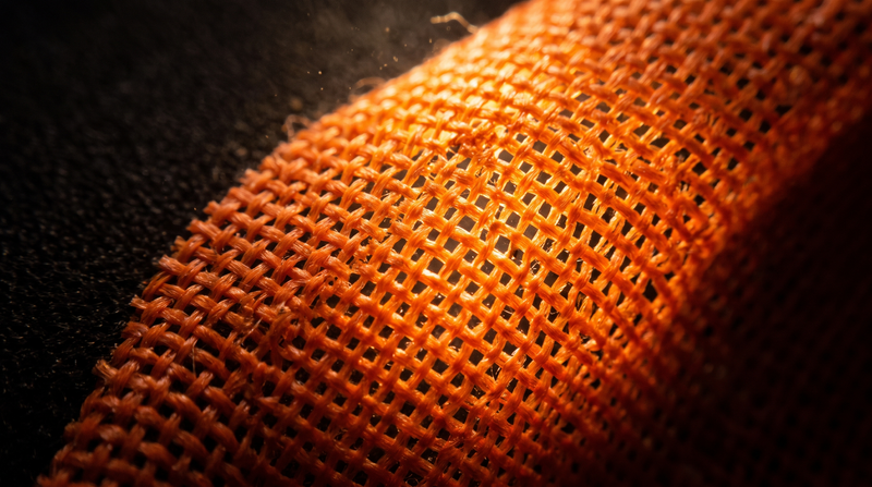 Macro photograph of Sprint Filter's orange polyester filter weave, backlit