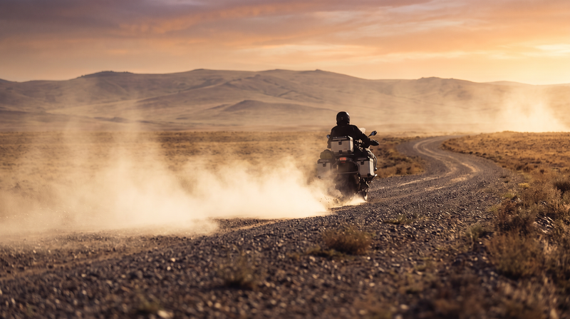 A loaded adventure motorcycle throwing a plume of dust on a gravel piste at sunset