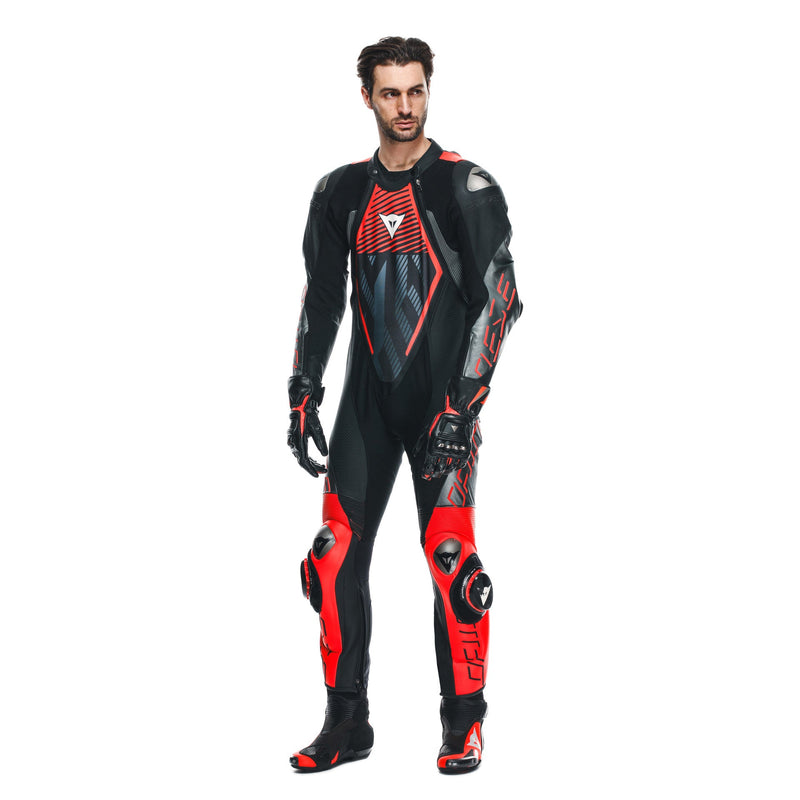 Dainese Audax D-ZIP one-piece leather racing suit in black and red, men's