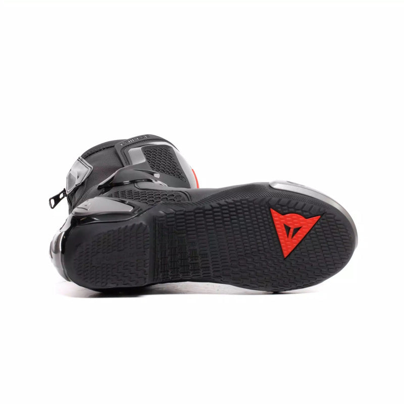 Dainese Torque 4 women's motorcycle boots in black, showing Groundtrax sole and magnesium sliders