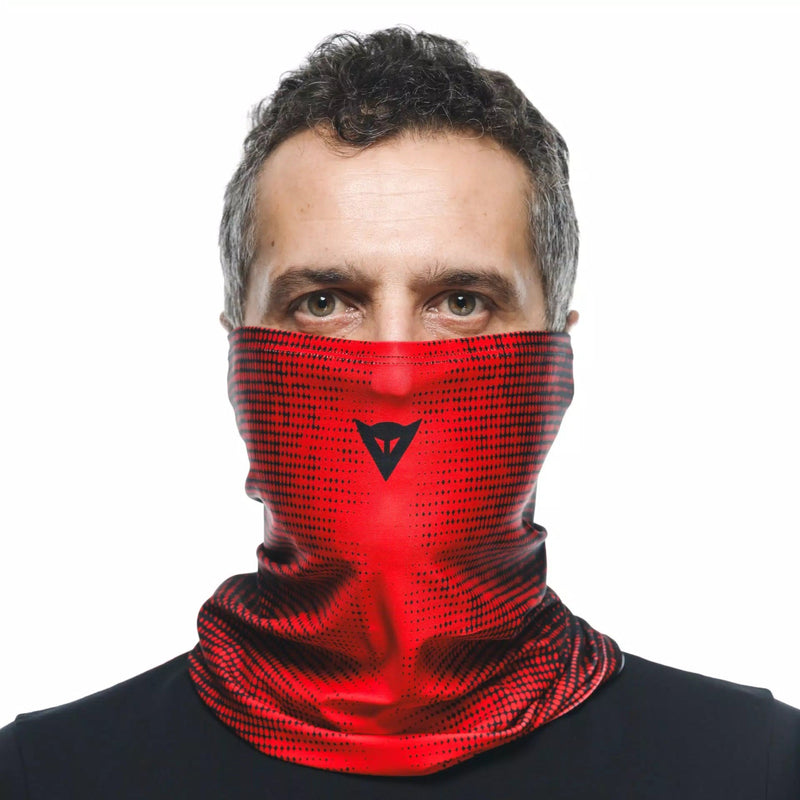 Dainese neck tube in black and red with Dainese logo, Coolmax fabric