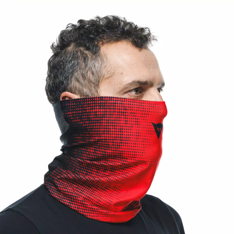 Dainese neck tube in black and red with Dainese logo, Coolmax fabric