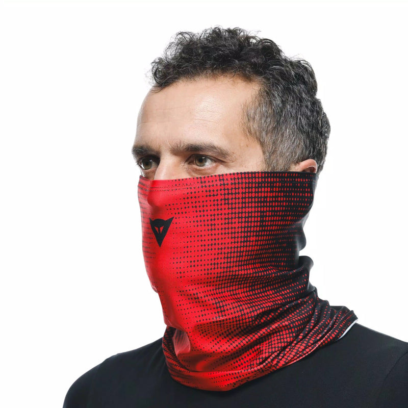 Dainese neck tube in black and red with Dainese logo, Coolmax fabric