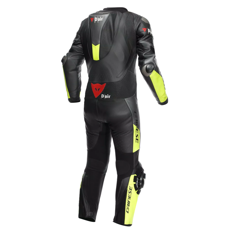 Dainese Misano 3 Perf. D-AIR® men's one-piece leather race suit in black and neon yellow