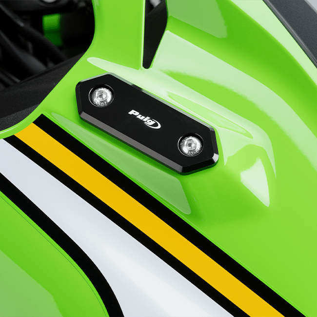 Puig black anodised aluminium mirror covers for Kawasaki ZX-4RR 2023-2026