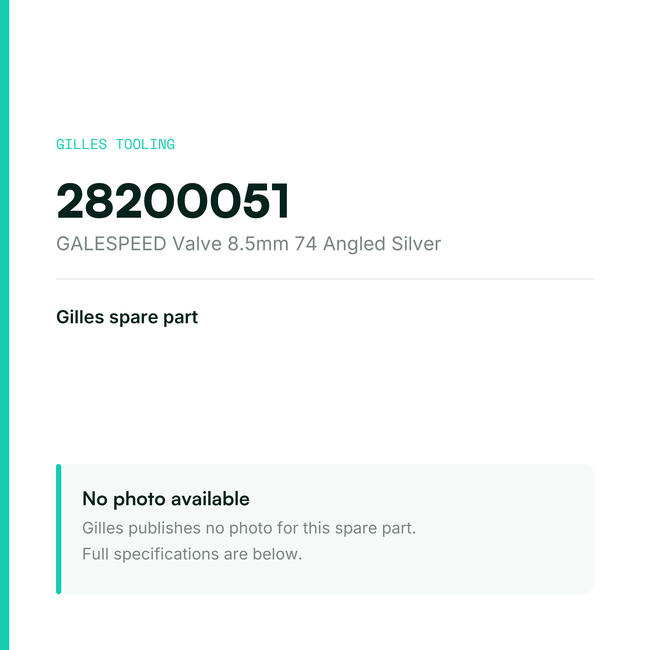 Gilles GALESPEED Valve 8.5mm 74 Angled Silver – 28200051, data card, no manufacturer photo available