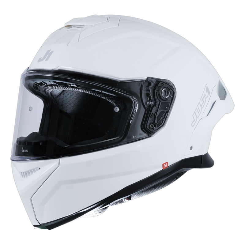 Just1 J-STR full-face helmet in solid gloss white, front three-quarter view