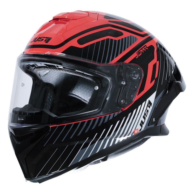 Just1 J-STR full-face helmet in Tactical Silver and Red Gloss finish