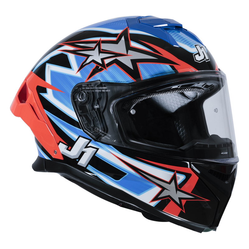 Just1 J-STR Astro full-face helmet in gloss red blue and black graphic