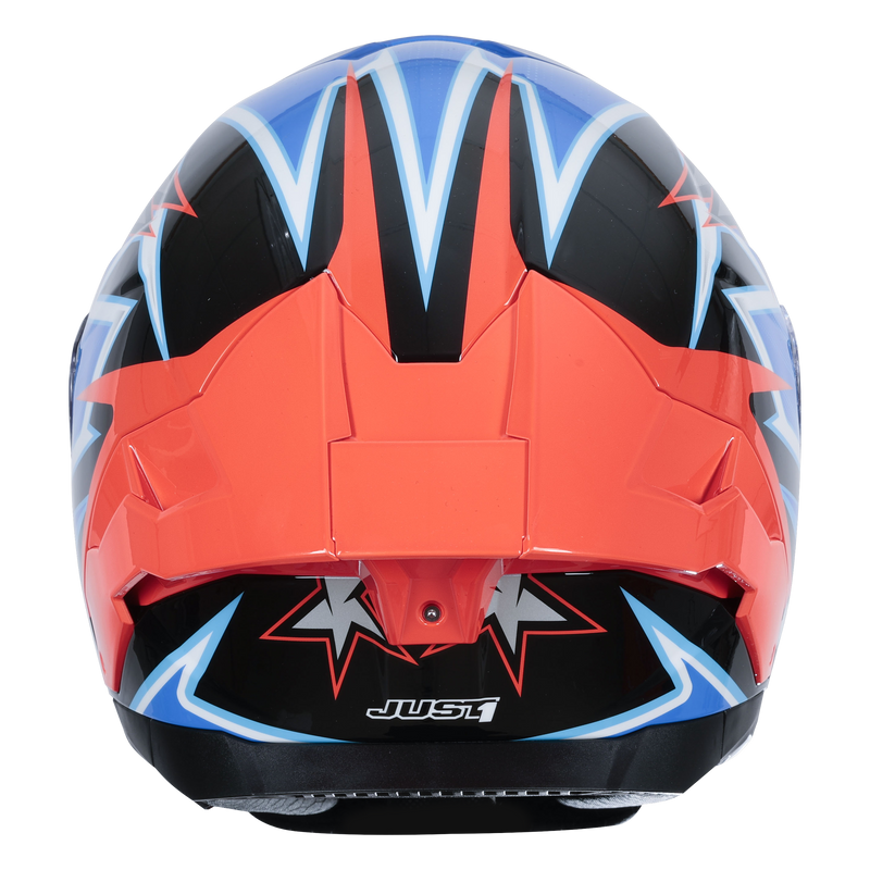 Just1 J-STR Astro full-face helmet in gloss red blue and black graphic