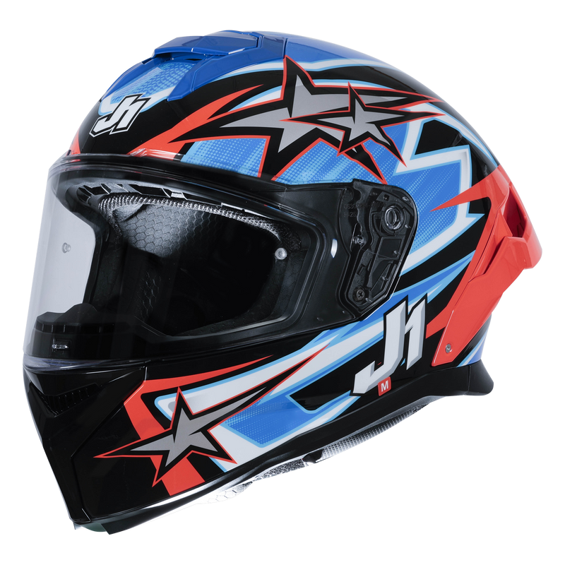Just1 J-STR Astro full-face helmet in gloss red blue and black graphic