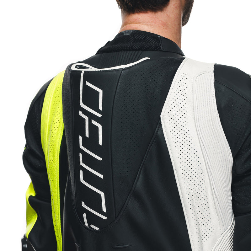 Dainese Audax D-ZIP one-piece leather racing suit in black and neon yellow