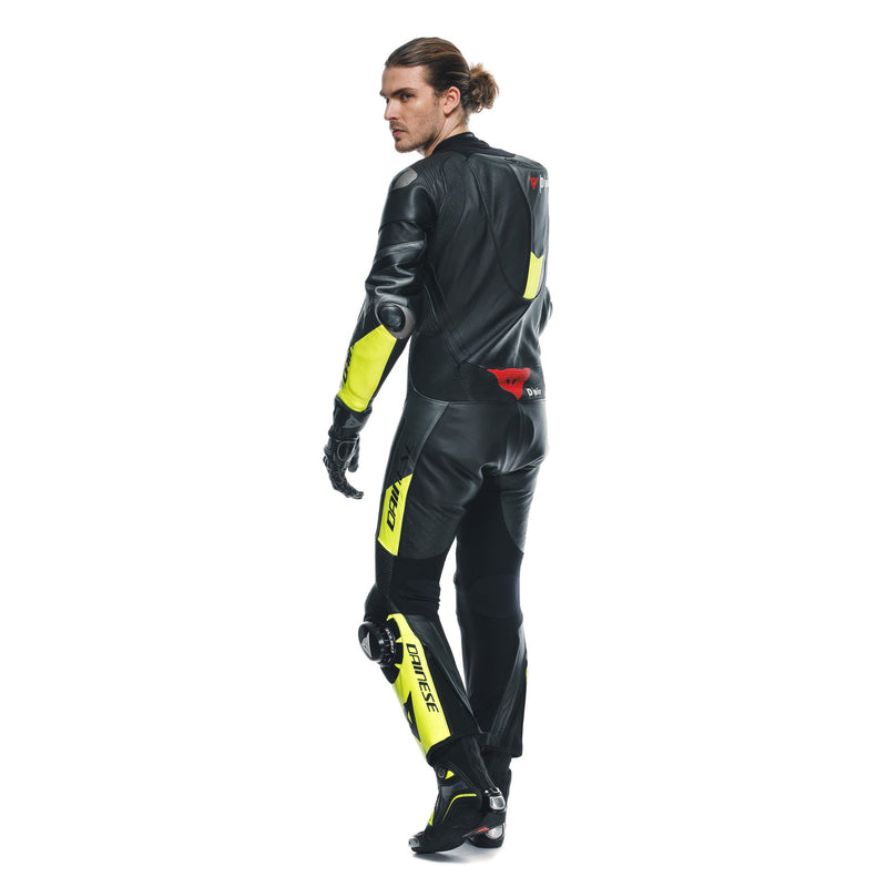 Dainese Misano 3 Perf. D-AIR® men's one-piece leather race suit in black and neon yellow