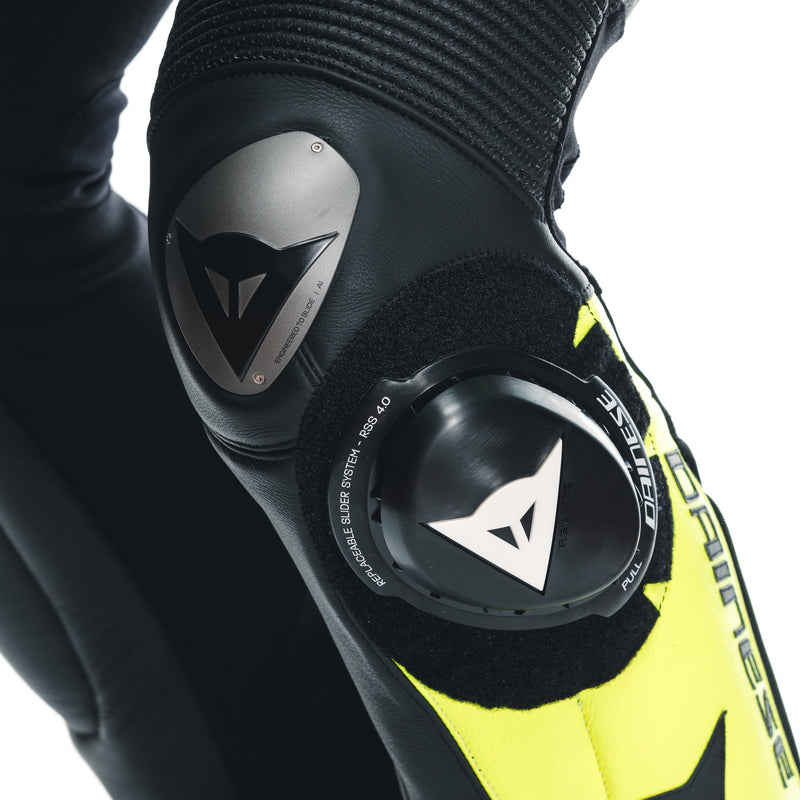 Dainese Misano 3 Perf. D-AIR® men's one-piece leather race suit in black and neon yellow