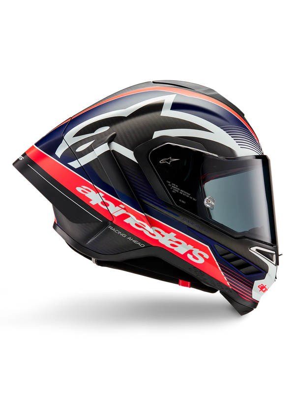 Alpinestars Supertech R10 Team helmet in Carbon Carb Fluo Red Dark Blue Matte finish