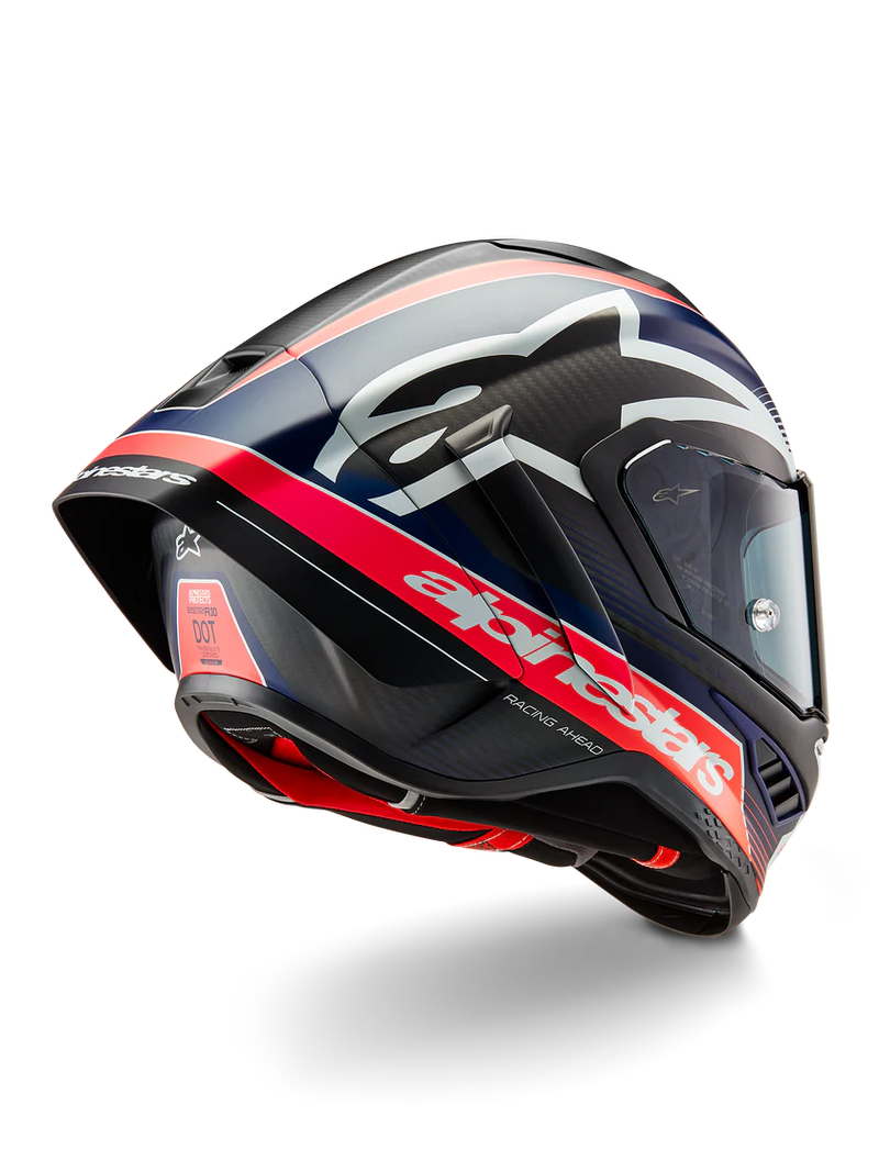 Alpinestars Supertech R10 Team helmet in Carbon Carb Fluo Red Dark Blue Matte finish